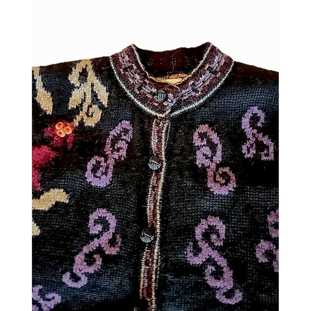 VTG Womens Cardigan Sz PL Black Floral Embroidered Sweater Nordic Scandi Cottage - Picture 3 of 11